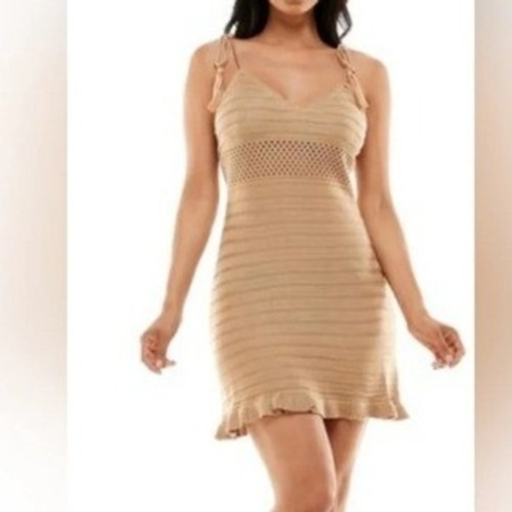 Y2K Almost Famous Knit Mini‎ Dress Tassel Tie Strappy Ruffle Hem Tan Womens S